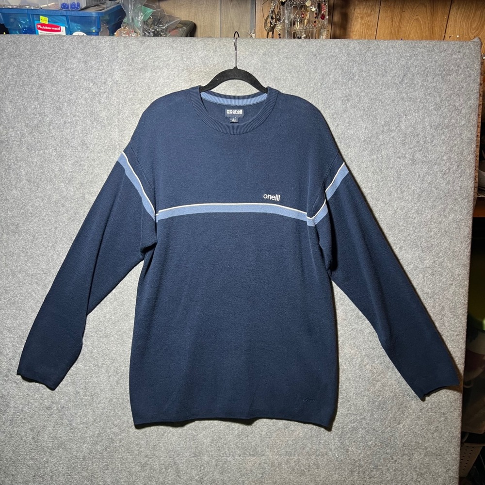 Vintage 90s O'Neill Mens Large Blue Stripe Crewneck Knit Sweater Surf Skate